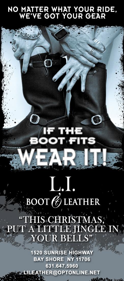 L.I. Boot & Leather advertisement featuring a motorcycle boot